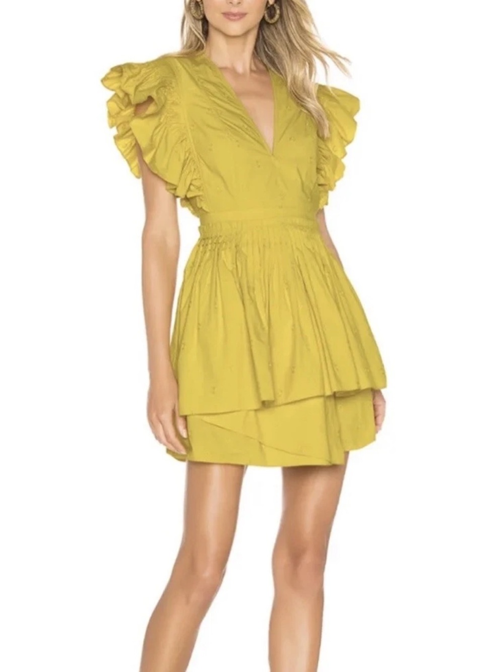 Ulla Johnson Chartreuse Ruffled V-Neck Tiered Mini Dress